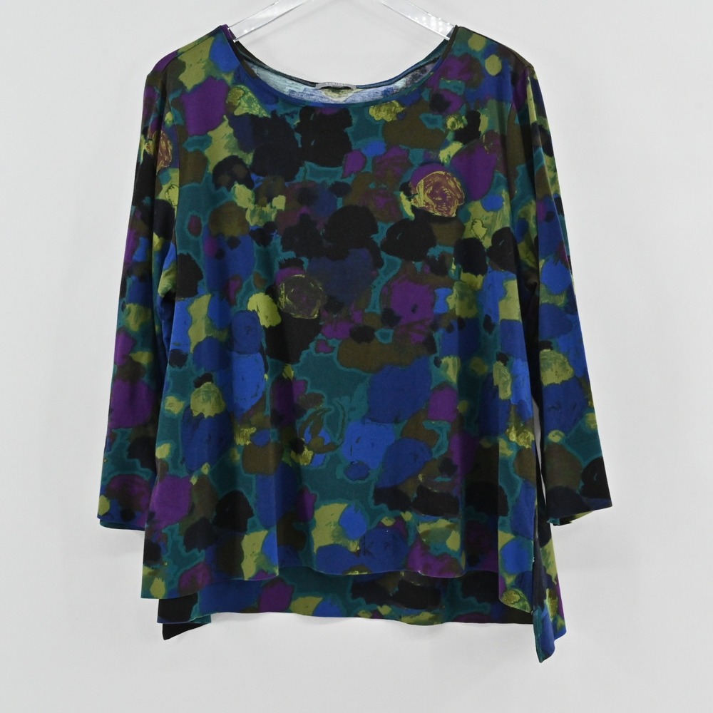 Habitat Abstract Floral Tunic Top Womens Size L Blue Green Cotton Lagenlook